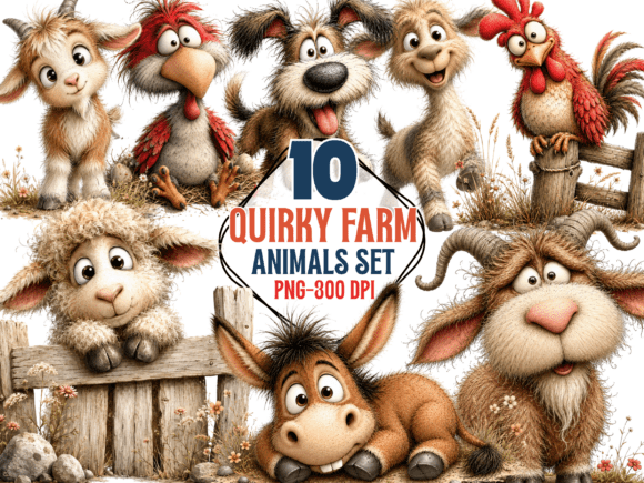 Whimsical Quirky Farm Animals PNG Free