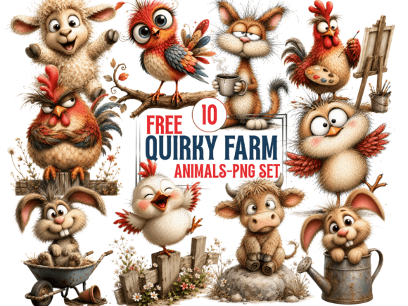 Whimsical Quirky Farm Animals PNG Set: A Creative Resource for Every Project