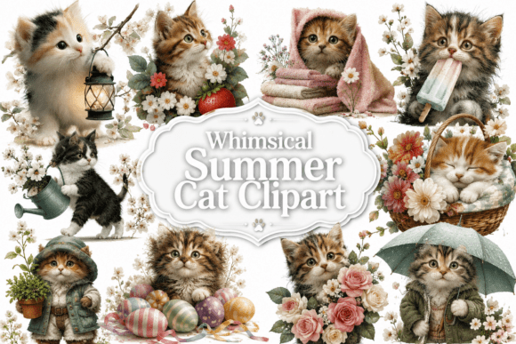 Whimsical Summer Cat Clipart for Creative Projects